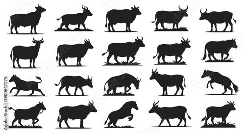 Premium farm animal silhouettes featuring cows in multiple natural poses, designed for agriculture, dairy branding, and livestock-related creative projects. This professional vector collection highlig