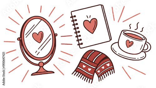 A heartwarming illustration of love and self-care objects on a white background