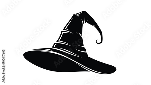 Dramatic black silhouette illustration of a classic witch's hat, characterized by its elegantly curled and pointed top, isolated sharply on a crisp white background.