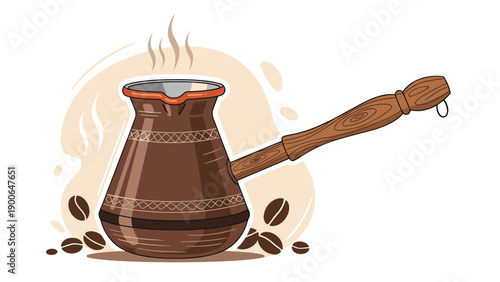Traditional copper Turkish coffee pot (cezve) illustration, emitting delicate steam, elegantly surrounded by scattered coffee beans against a warm, abstract background.
