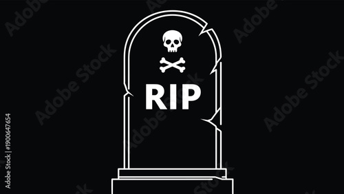 Somber black background featuring a stark white outline illustration of a tombstone, marked with "RIP" and a classic skull and crossbones symbol.