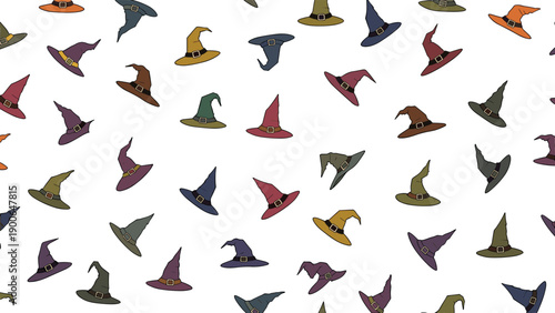 Whimsical seamless Halloween pattern featuring a vibrant scattering of colorful witch hats in various designs, set against a clean white background, perfect for festive decor.