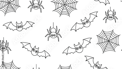 Playful seamless Halloween outline pattern featuring adorable cartoon bats, cute spiders, and intricate spiderwebs, all on a crisp white background.
