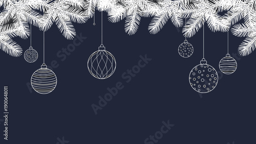 Elegant dark blue background featuring a festive top border of white outline pine branches adorned with hanging Christmas ornaments, creating a serene holiday design.