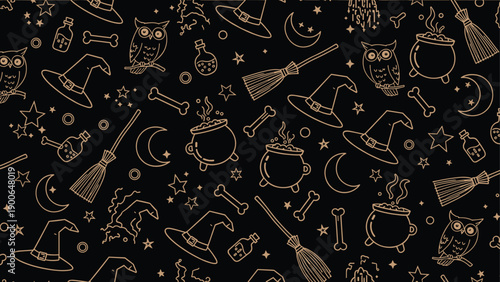 Spooky seamless Halloween outline pattern featuring witch hats, brooms, bubbling cauldrons, owls, crescent moons, bones, and stars, all on a dark black background.