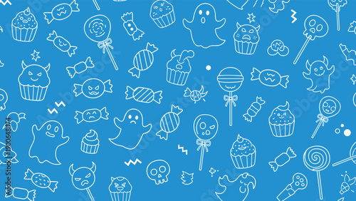 Playful seamless chalk drawing pattern featuring a variety of Halloween treats like cupcakes, lollipops, and candies, alongside cute ghosts, skulls, and monster faces on a blue background.