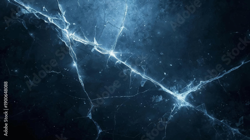 Close-up of a dark, fractured surface with glowing blue cracks resembling frozen ice or a mysterious energy pattern.