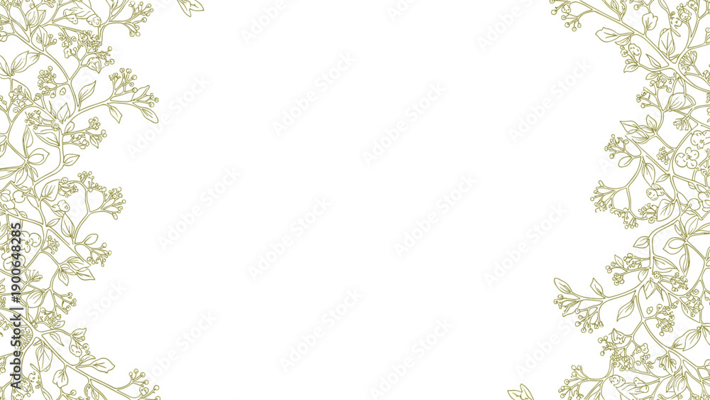 Obraz premium Elegant line art floral frame with delicate branches and tiny flowers forming decorative corners on a pristine white background.