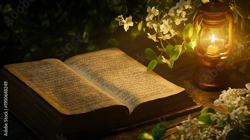 sanskrit. An ancient Sanskrit manuscript open beside an oil lamp and jasmine petals. event programs, museum guides, designed for cultural heritage projects and event programs.