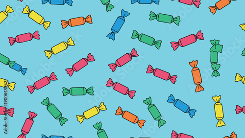 Colorful seamless pattern of individually wrapped candies in various bright colors scattered randomly on a vibrant blue background.