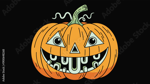 Whimsical cartoon Halloween jack-o'-lantern with carved triangular eyes and a wide, toothy smile on a dark background.