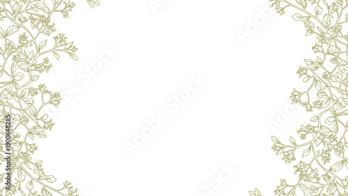 Elegant line art floral frame with delicate branches and tiny flowers forming decorative corners on a pristine white background.