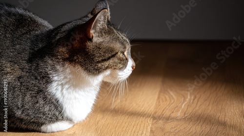 stealth. A cat intently watches a small animal from a wooden surface, illuminated by gentle natural light. wildlife magazines, conservation campaigns, designed for nature documentaries and education.