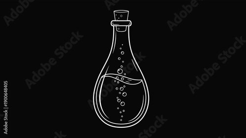 Mystical white outline illustration of a corked potion bottle containing a bubbling liquid on a dark, mysterious background.