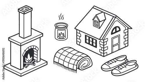 A cozy cartoon illustration of a house with a fireplace and warm objects
