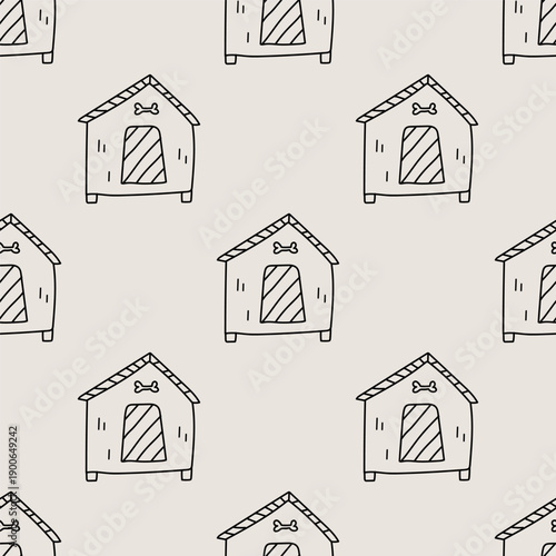 Dog Kennel Outline Repeat Pattern. Hand Drawn Seamless Design for Pet Sitting Service Branding, Veterinary Clinic.