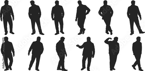Casual man standing silhouette set, male people poses, black vector figures isolated on white background for design use