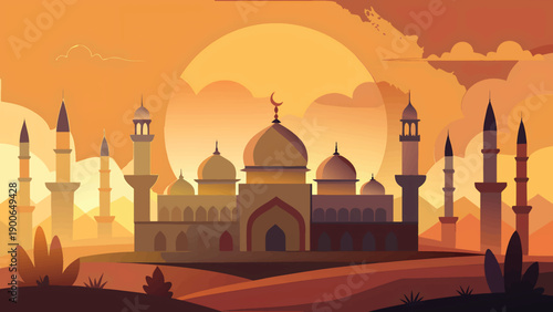 Sunset Glow Behind Islamic Domes and Minarets