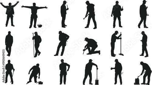 construction worker silhouette set, builder handyman technician poses, working men with tools, black vector isolated on white background