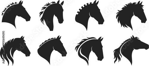 Horse head silhouette collection, stallion profile with flowing mane, black equine vector set isolated on white background, animal design