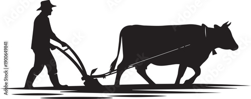 Farmer Silhouette Plowing Field with Ox, Traditional Agriculture and Organic Farming Concept