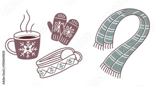 A cozy winter illustration of warm clothing and hot drink