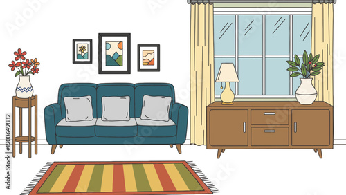 A cozy living room with a blue couch and colorful rug