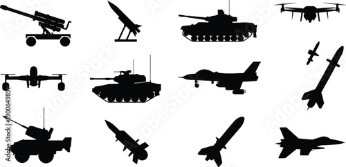 Military weapons silhouette collection, tanks jets missiles drones and rocket launchers, black combat vehicle vector set isolated on white background, warfare design