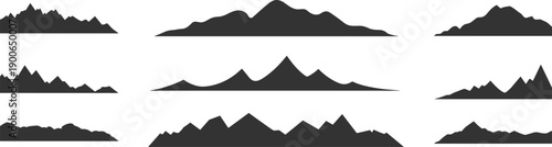 Mountain range silhouette collection, black landscape horizon set, minimalist alpine hills vector design, nature skyline clipart isolated on white background
