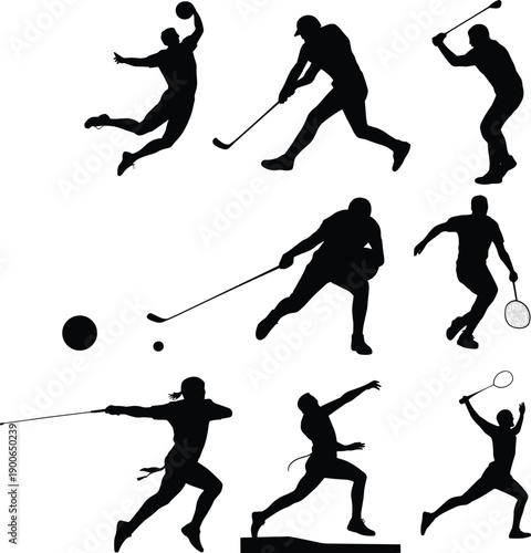 Sports athlete silhouette collection, playing hockey tennis baseball javelin and ball games, dynamic action poses, isolated vector on white
