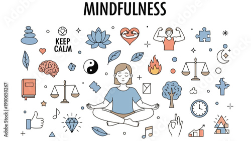 A woman practices mindfulness meditation surrounded by various symbolic icons