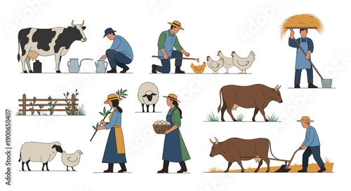 Farmers and farm animals performing various agricultural daily activities