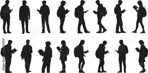 Student silhouette icons set, young people reading books, black education vector collection, university learning concept, minimal flat design graphics