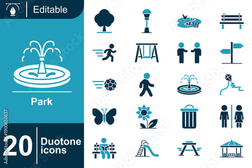A Collection of 20 Duotone Icons Representing a Park, Featuring Elements like Fountains, Swings, and Playgrounds