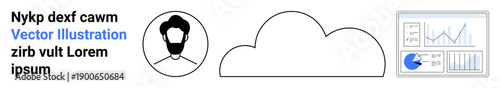 User profile icon, cloud shape, and analytics dashboard. Ideal for cloud storage, user interface, data management, team collaboration, digital security, analytics tools simple landing page