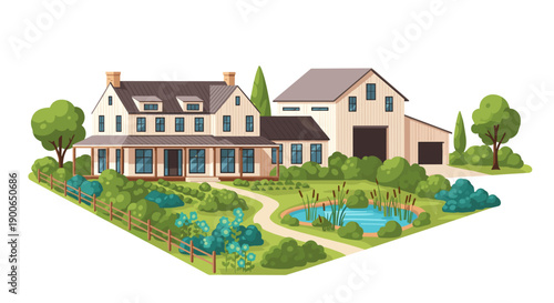 Idyllic country farmhouse with barn, pond, and lush garden