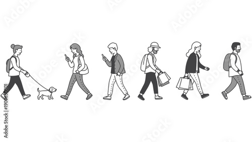 A diverse group of people walking in various poses and outfits