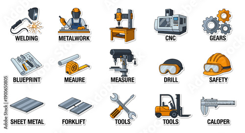 Manufacturing industry flat icons set with tools and safety equipment