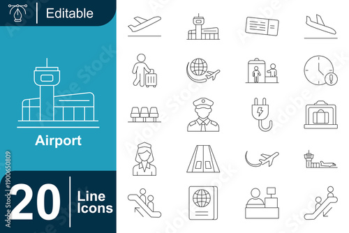Collection of Airport Icons Featuring Terminals, Airplanes, Luggage, Passports, and More for Travel and Transportation Concepts