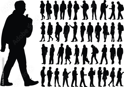 walking people silhouette set, men and women crowd poses, black human figures vector isolated on white background for design use