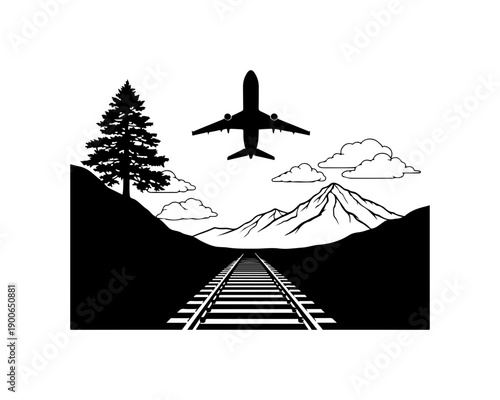 Airplane Over Mountain Railway Vector Illustration