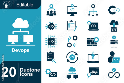 Devops icons including cloud computing, coding, agile methodology, continuous integration and delivery, and security concepts