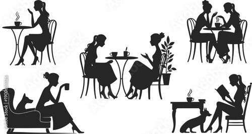 Women cafe silhouette collection, female friends drinking coffee talking reading with dog, black lifestyle vector set isolated on white background