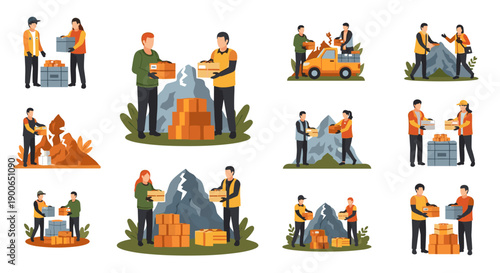 People moving and delivering boxes across various obstacles and terrain