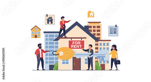 People interacting with a house for rent and large key