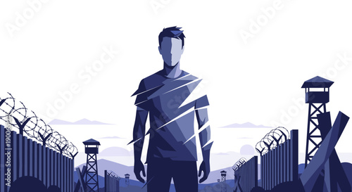 Shattered man stands before prison fence with guard towers