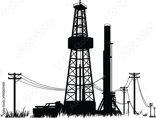 Oil drilling rig silhouette with power lines, industrial energy infrastructure illustration, petroleum extraction tower, black isolated artwork on white background