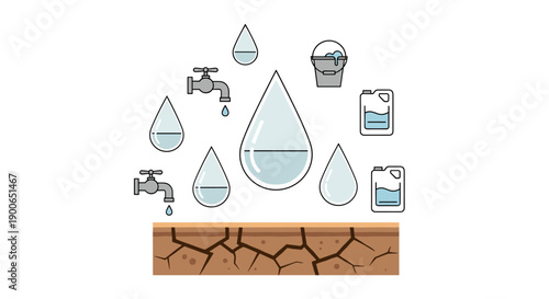 Water scarcity illustration with faucets, drops, containers, dry earth
