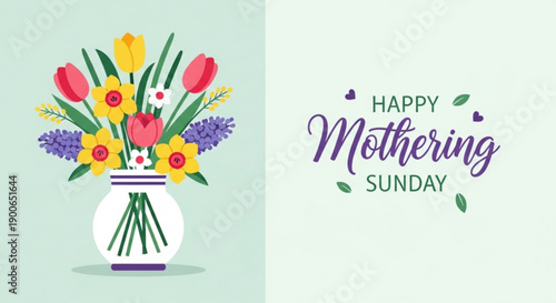 Vibrant flowers in vase with happy mothering sunday text on light green background for greeting card