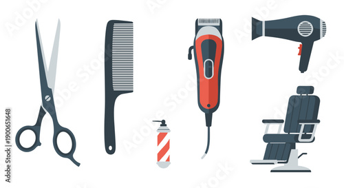 Barbershop and hair salon tools flat design icon set